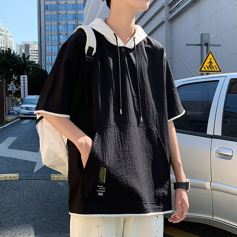 Men’s Loose-Fitting Mock Two-Piece Shirt | Trendy Double-Layer Short Sleeve Top | Urban Streetwear Relaxed Fit Casual Shirt | Modern Contrast Layered Aesthetic Shirt for Men