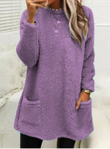 Women’s Plush Fleece Pullover Long Sweater | Winter Warm Thickened Hooded Sweatershirt | Casual Long Sleeve Plush Tops with Pockets | Trendy Loose Fit Hoodie Coat | 2026 Winter Streetwear Outerwear