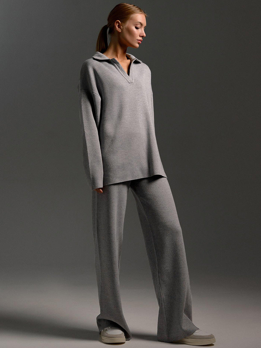 Women’s Collared Sweatshirt & Straight-Leg Pants Suit | Elegant 2-Piece Pullover Lounge Set | Casual Long-Sleeve Sport Trousers Set | Modern Minimalist Co-ord Set for Women | 2026 Trendy Streetwear Tracksuit