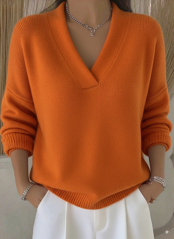 Women’s Elegant Soft V-Neck Long Sleeve Sweater | High-Sense Loose Knitted Casual Pullover | Trendy Minimalist Autumn & Winter Knitwear | Luxury-Label Statuesque Seasonal Essential | 2026 High-Fashion Radiant Comfort Wear