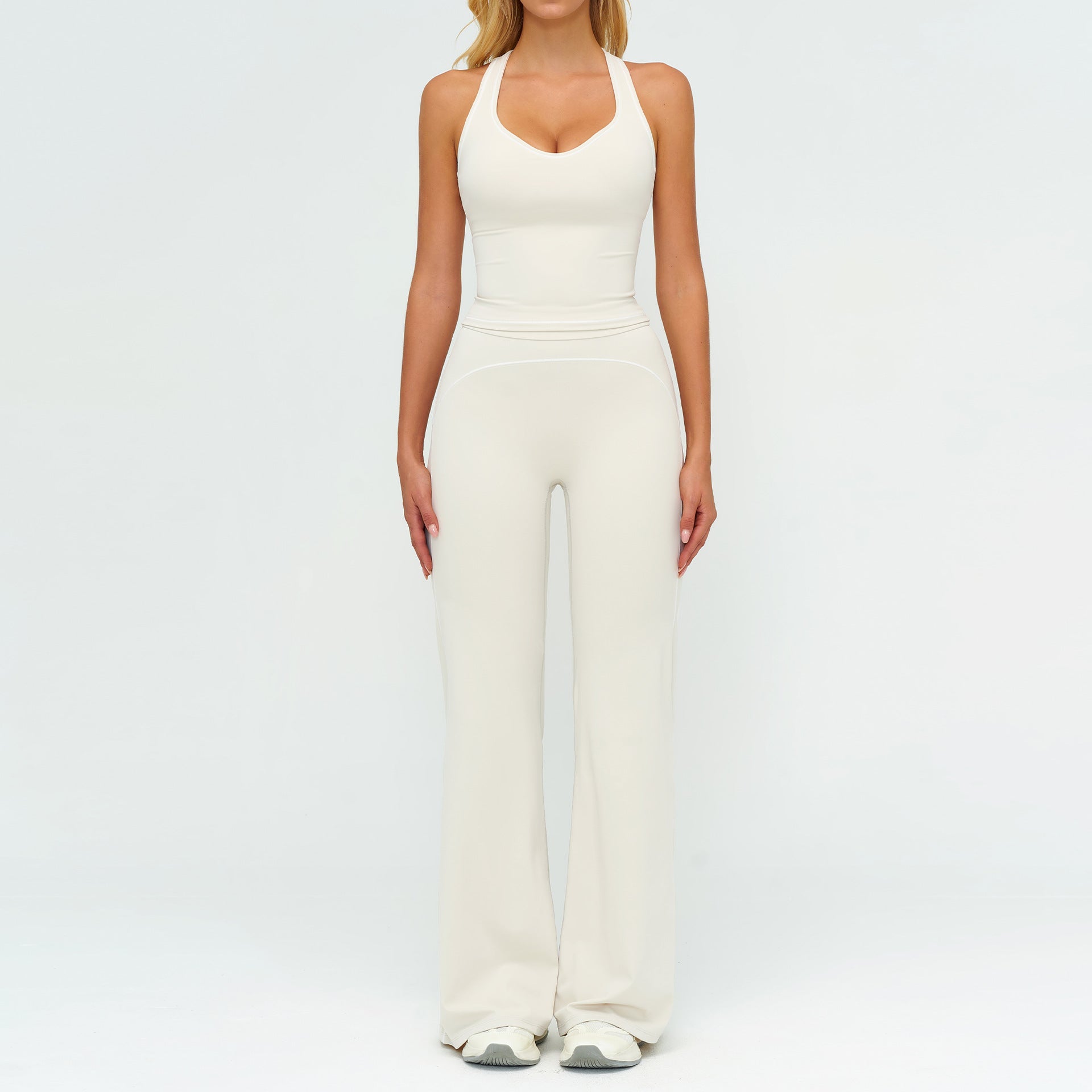 Womens Yoga Set V-neck Sleeveless Tops And Slim Straight Pants Summer Gym Sports Clothing
