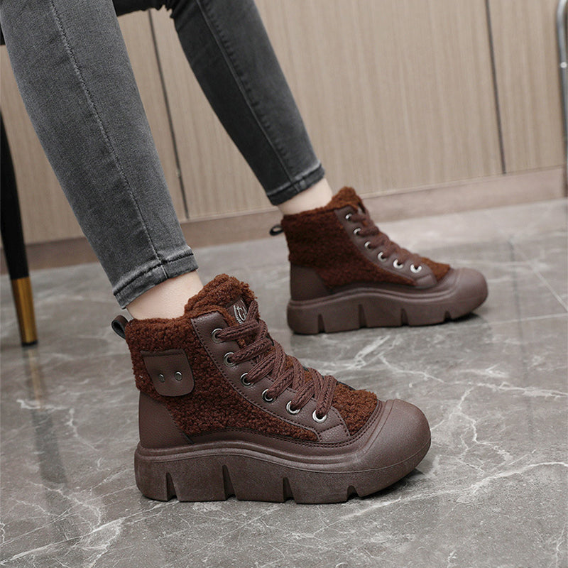 Women’s High-Top Cashmere Snow Boots | Winter Warm Lace-Up Flat Shoes | Height-Increasing Streetwear Winter Boots | Fashionable Campus Style Warm Sneakers