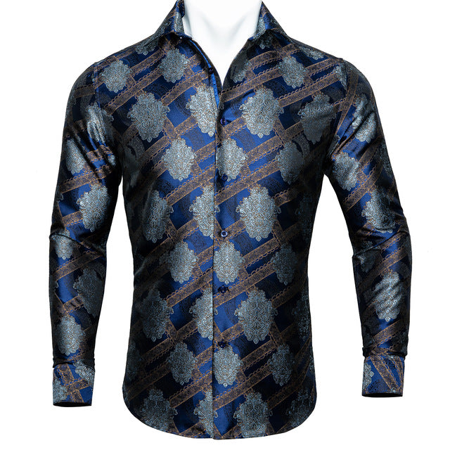 Barry Wang Men's Teal Paisley Floral Silk Shirt | Luxury Long Sleeve Jacquard Designer Dress Shirt | Elegant Floral Autumn Casual Shirt for Men