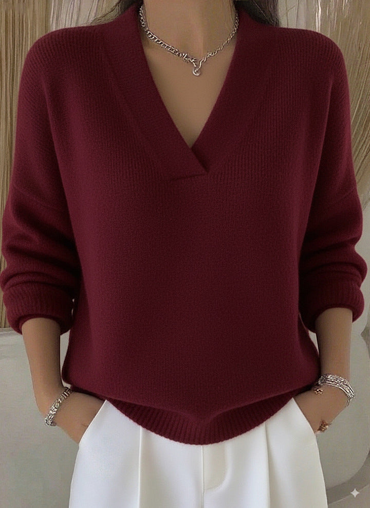 Women’s Elegant Soft V-Neck Long Sleeve Sweater | High-Sense Loose Knitted Casual Pullover | Trendy Minimalist Autumn & Winter Knitwear | Luxury-Label Statuesque Seasonal Essential | 2026 High-Fashion Radiant Comfort Wear