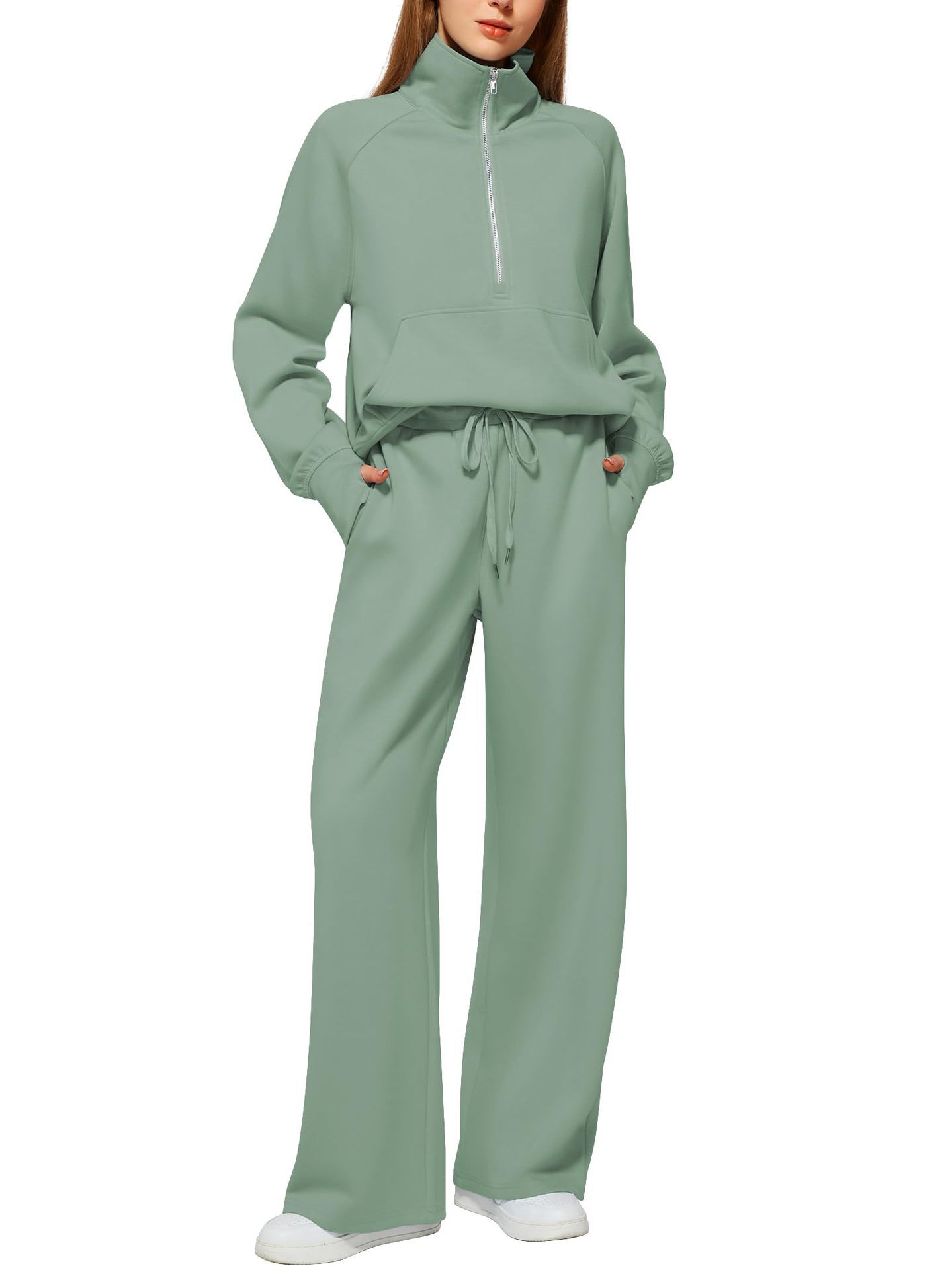 Women’s Half-Zip Sweatshirt & Wide-Leg Pants Set | Casual Solid Color Two-Piece Outfit | Elegant Long Sleeve Sporty Lounge Suit | Trendy High-Waist Wide-Leg Tracksuit | 2026 High-Fashion Athleisure Co-ord Set