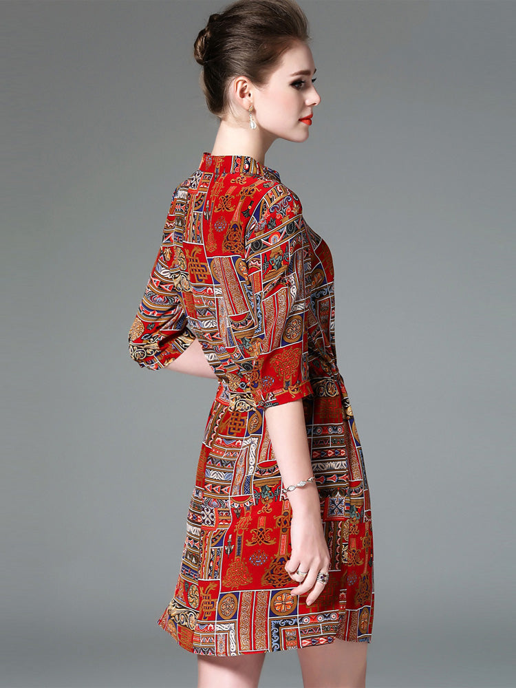 Ladies Vintage Print Slim-Fit Shirt Dress | Elegant Long Sleeve Patterned Midi Dress | Retro Stitching Detail Button-Down Dress | Women’s High-Sense Fashion Office & Casual Wear