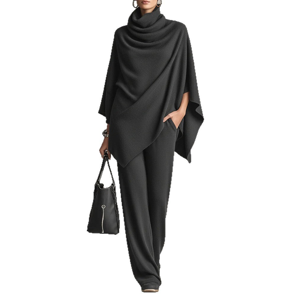 Women’s Cloak-Style Cape Top and Wide-Leg Pants Set | Elegant 2-Piece Formal Suite | Sophisticated Cape Sleeve Evening Outfit | Modern High-Sense Party Co-ord Set | 2026 Luxury Occasion Wear