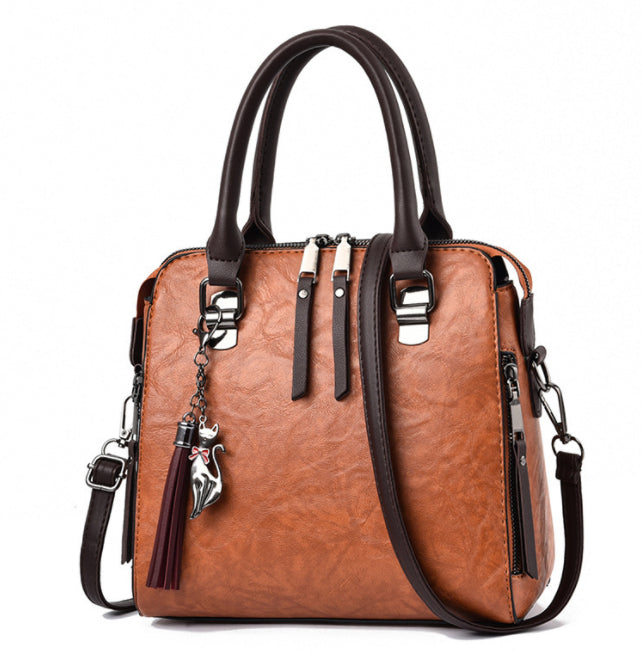 Vintage PU Leather Tassel Handbag for Women | Luxury Large Capacity Top-Handle Tote | Elegant Lady Shoulder Bag with Tassel Detail | Trendy Structured Casual Work Bag | 2026 High-Fashion Retro Leather Tote