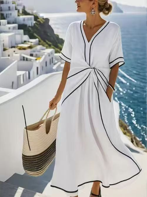 Summer Striped Print Dress Casual Beach Vacation Short-sleeved Maxi Dress Womens Clothing