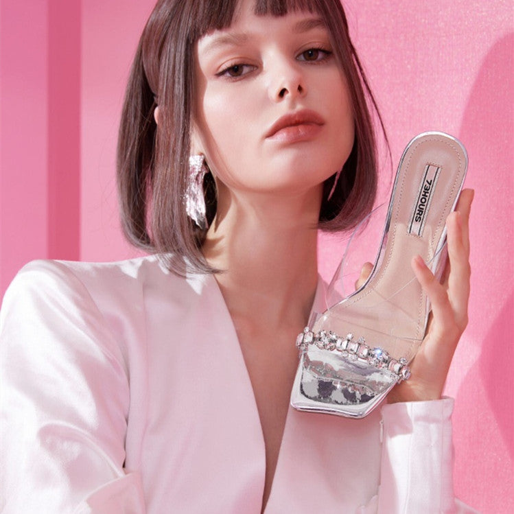 Women’s Fashion Crystal High-Heel Sandals | Trendy Square-Toe Formal Heels | Elegant Rhinestone Strappy Sandals | Luxury Evening Party Shoes for Women | 2026 Sparkling Wedding & Occasion Heels