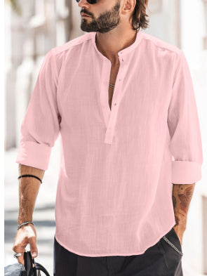 Men’s Casual Stand-Up Collar Long-Sleeved Shirt | High-Sense Solid Color Door-Barrel Blouse | Trendy Minimalist Mandarin Collar Top | Luxury-Label Statuesque Radiant Executive Wear | 2026 High-Fashion Emerald-Luxe Essential