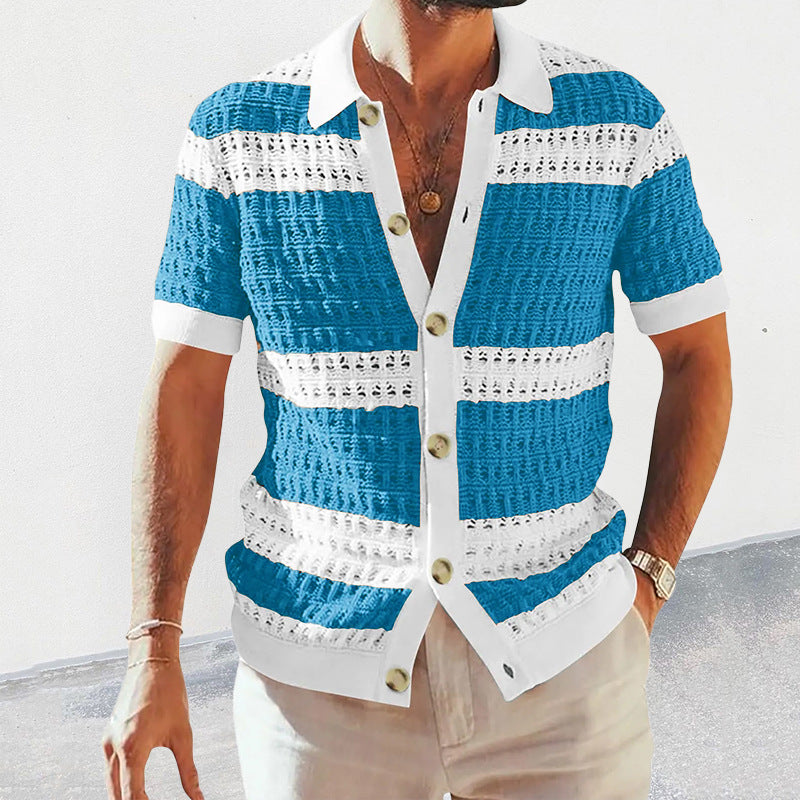 Men’s Luxury Knitted Polo Shirt | Short-Sleeve Hollow Breathable Cardigan | High-Sense Summer Knit Polo with Contrast Piping | Trendy Retro-Style Men’s Knit Top | 2026 High-Fashion Lightweight Summer Cardigan