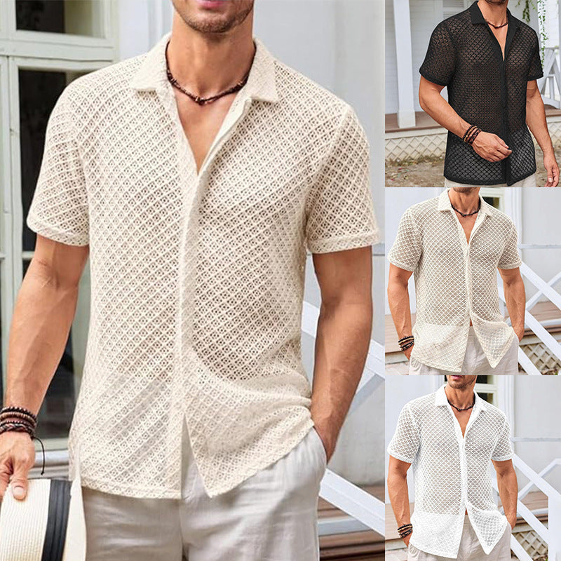 Men’s Summer Mesh Short-Sleeve Shirt | Fashion Solid Color Lapel Beach Shirt | High-Sense Breathable Mesh Knit Top | Trendy Minimalist See-Through Resort Wear | 2026 High-Fashion Lightweight Men’s Clothing