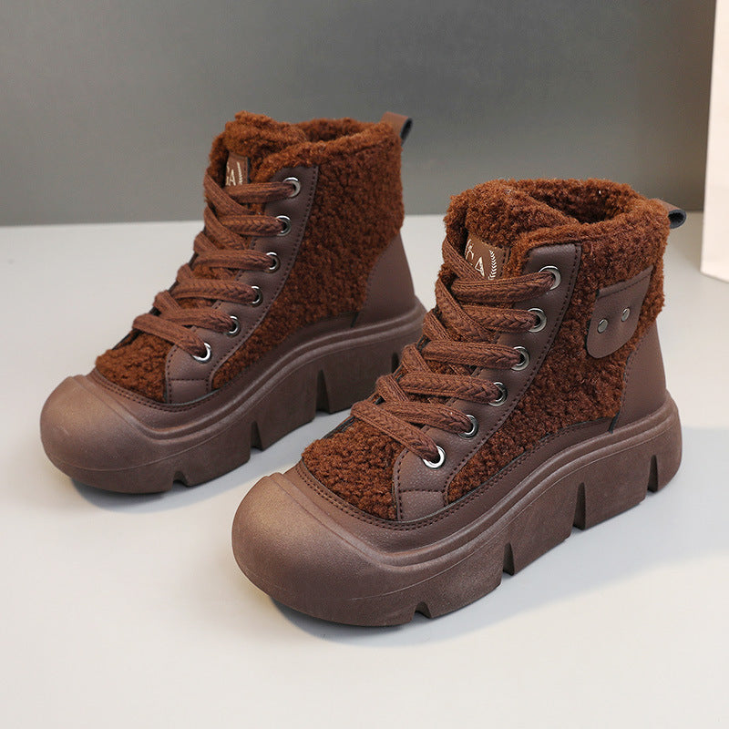 Women’s High-Top Cashmere Snow Boots | Winter Warm Lace-Up Flat Shoes | Height-Increasing Streetwear Winter Boots | Fashionable Campus Style Warm Sneakers