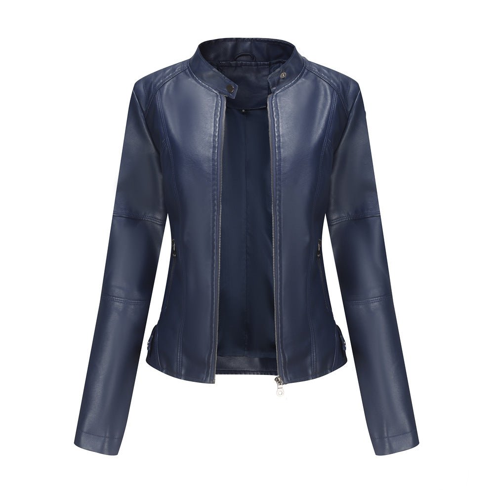 Women’s Stand Collar Zip-Up Leather Jacket | Elegant Solid Color Moto Jacket | Chic Slim-Fit Faux Leather Outwear with Pockets | Modern Minimalist Biker Jacket for Women | 2026 Trendy Streetwear Jacket