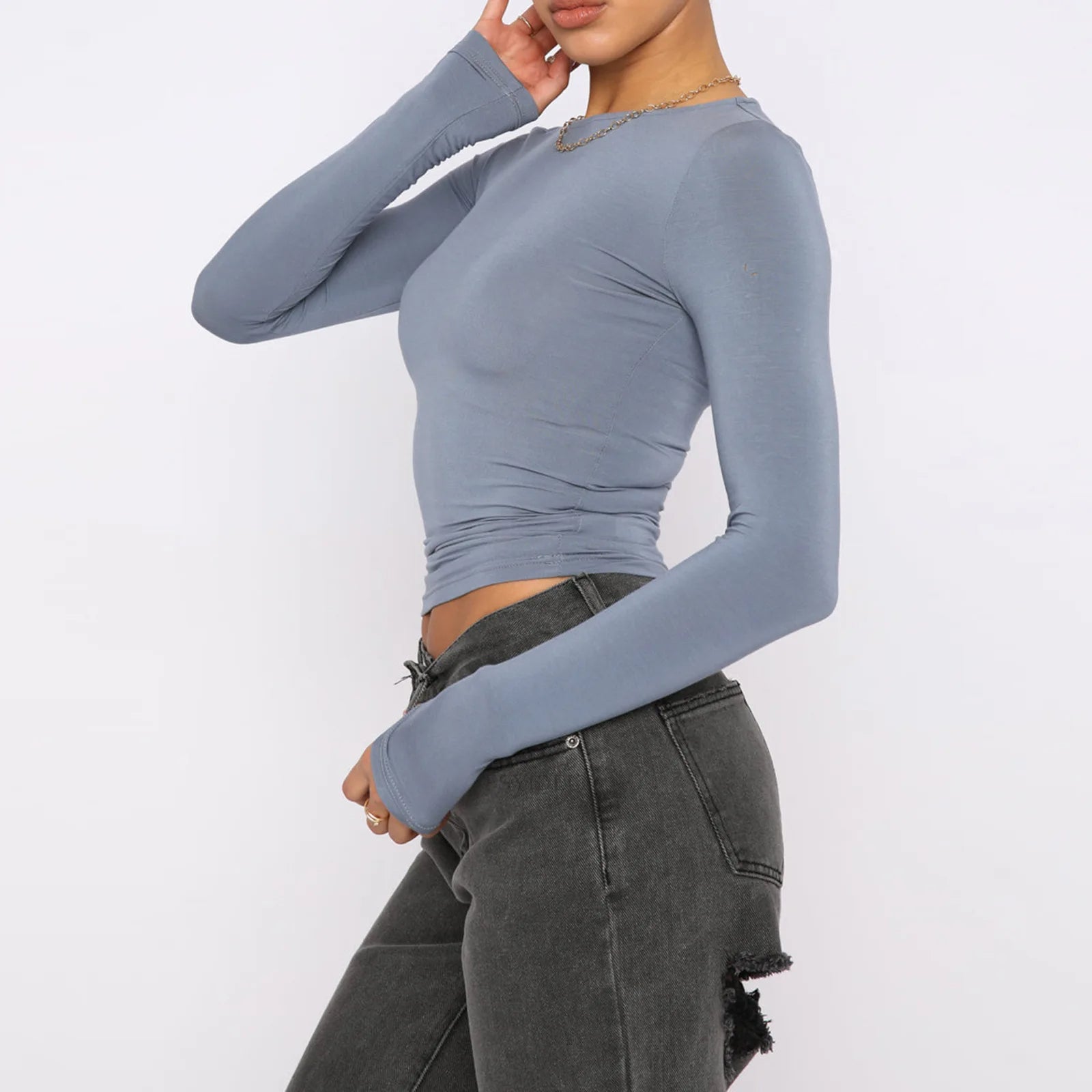 Women’s Fashion Slim-Fit Long-Sleeved Pullover | Elegant Solid Color Casual Fit Shirt | Modern Crew Neck Ribbed Base Layer | Trendy Body-Hugging Autumn Top | 2026 Minimalist Everyday Fashion Staple
