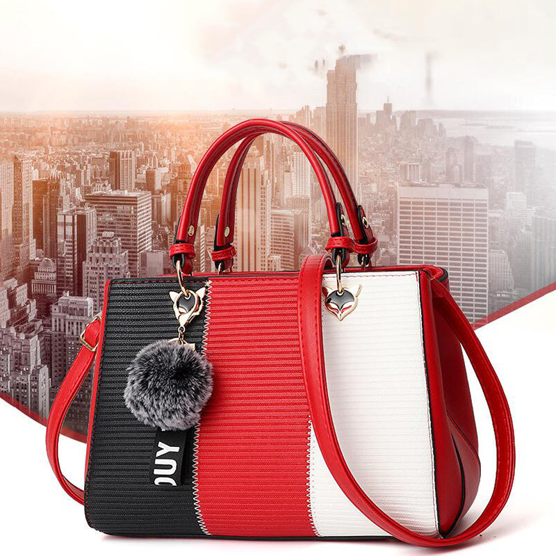 Women’s Patchwork Handbag with Hairball Ornament | Elegant Contrast Crossbody Bag | Luxury Ladies Messenger Shoulder Bag | Trendy Party Purse with Fluffy Charm | 2026 High-Fashion Multi-Texture Tote