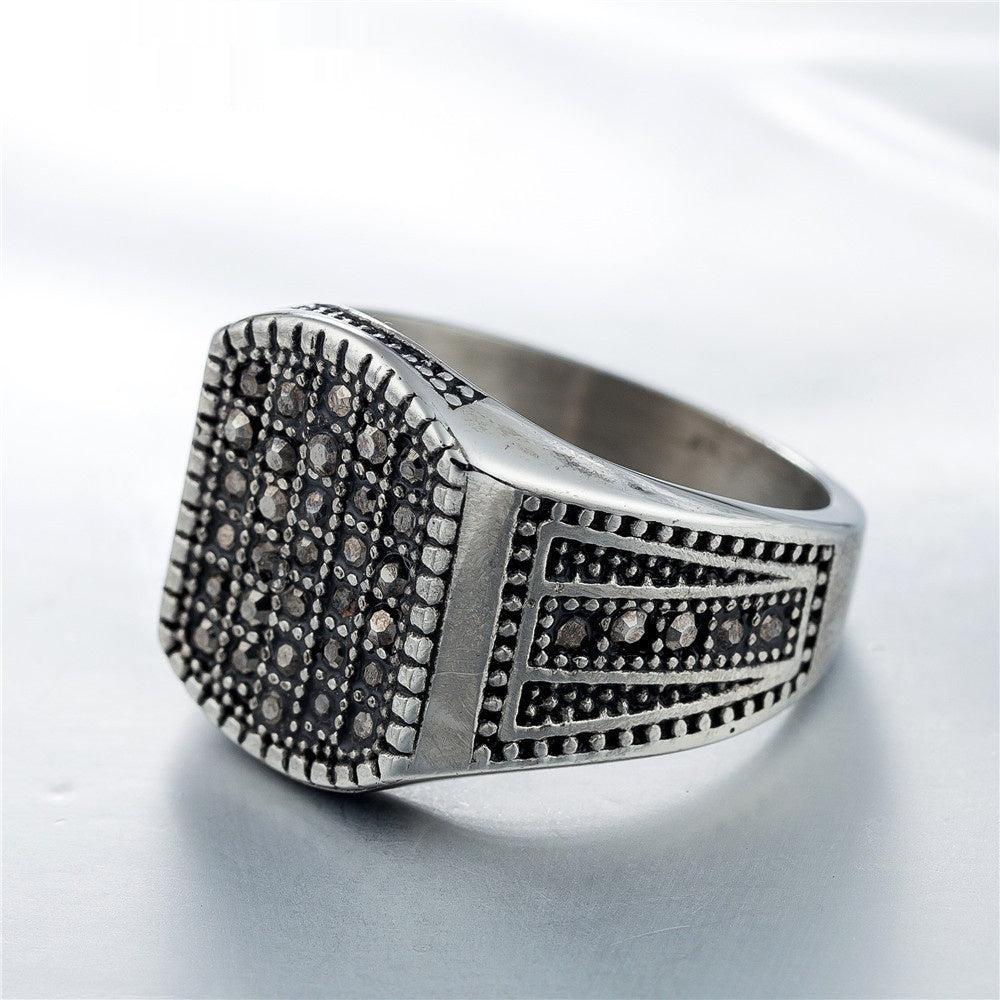 Men’s Vintage Titanium Diamond-Studded Ring | European & American Style Band | Luxury Rugged Wedding & Statement Ring | High-Durability Titanium Steel Jewelry