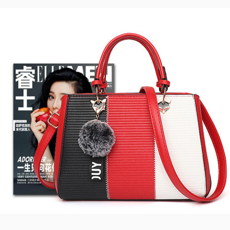 Women’s Patchwork Handbag with Hairball Ornament | Elegant Contrast Crossbody Bag | Luxury Ladies Messenger Shoulder Bag | Trendy Party Purse with Fluffy Charm | 2026 High-Fashion Multi-Texture Tote