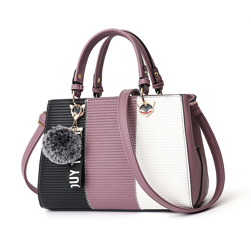 Women’s Patchwork Handbag with Hairball Ornament | Elegant Contrast Crossbody Bag | Luxury Ladies Messenger Shoulder Bag | Trendy Party Purse with Fluffy Charm | 2026 High-Fashion Multi-Texture Tote