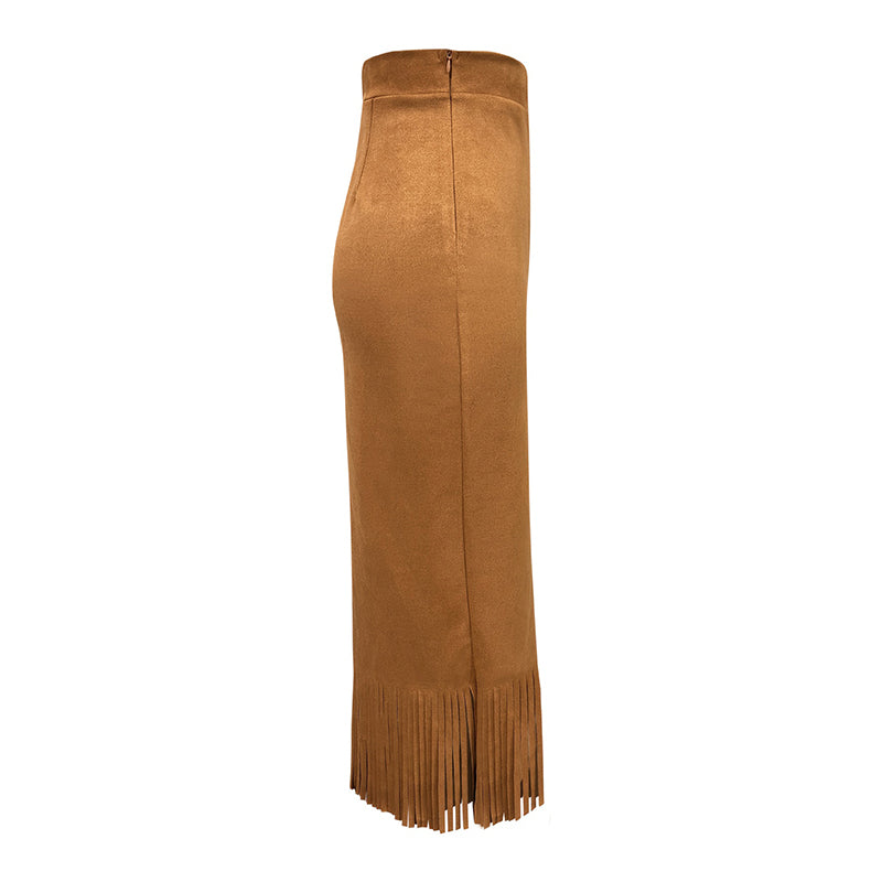 Women’s A-Line Fringe Hem Midi Skirt | Elegant Solid Color Versatile Skirt | Modern High-Waisted Casual Party Skirt | Trendy Fringed Hemline A-Line Bottoms | 2026 High-Sense Fashion Midi Skirt