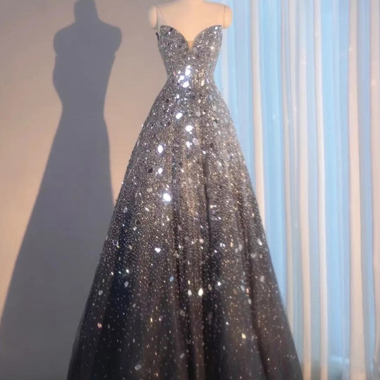 Blue Heavy Industry Wedding Evening Dress | Luxury Sequin & Bead Embroidered Gown | Elegant Floor-Length Formal Party Dress | Royal Blue Couture Banquet Gown