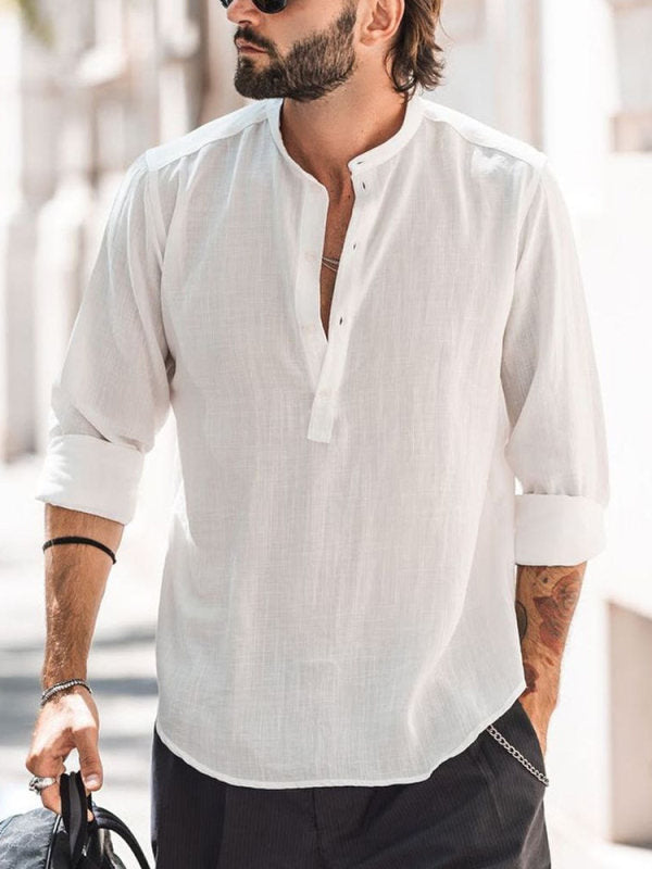 Men’s Casual Stand-Up Collar Long-Sleeved Shirt | High-Sense Solid Color Door-Barrel Blouse | Trendy Minimalist Mandarin Collar Top | Luxury-Label Statuesque Radiant Executive Wear | 2026 High-Fashion Emerald-Luxe Essential