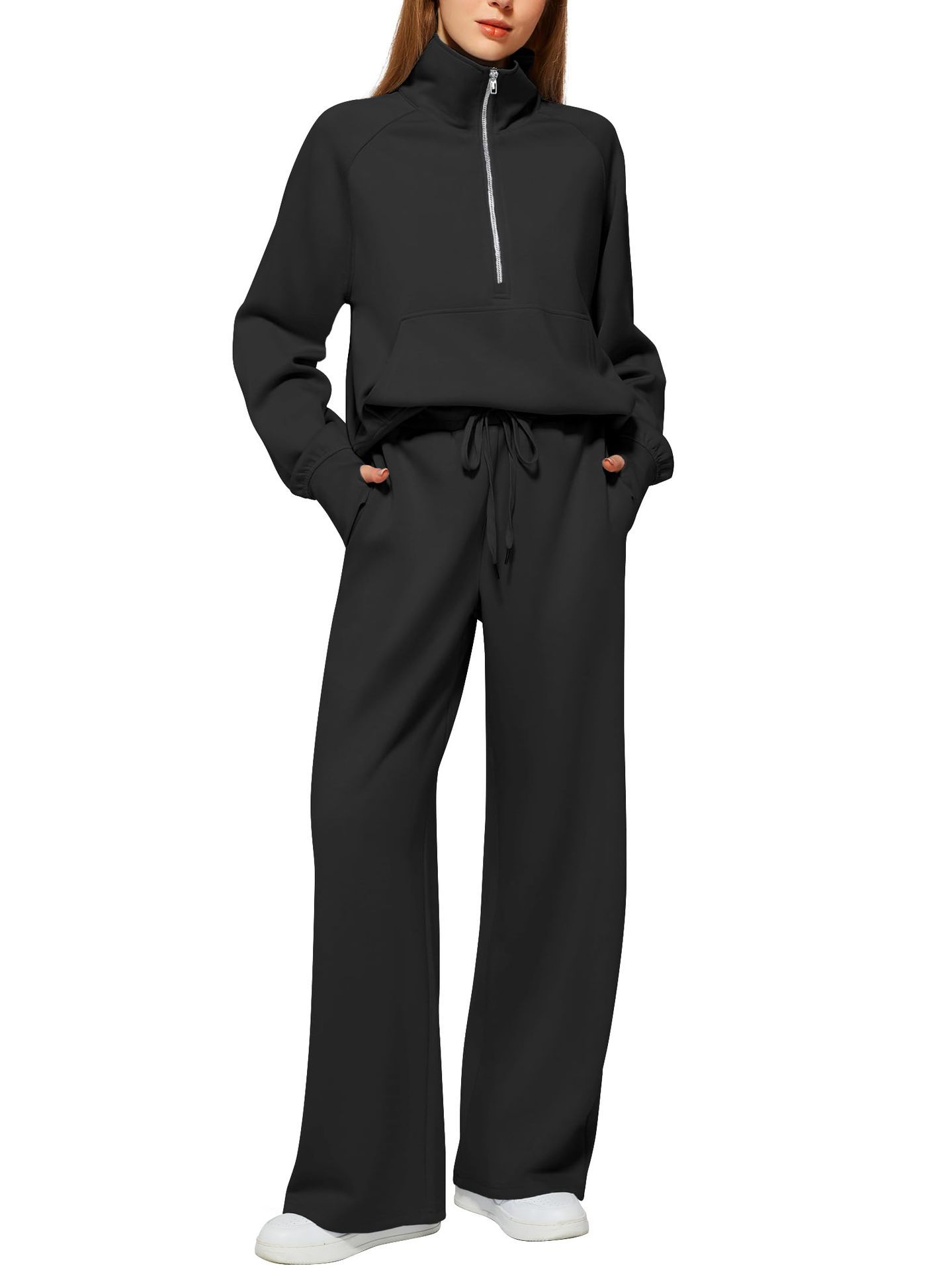 Women’s Half-Zip Sweatshirt & Wide-Leg Pants Set | Casual Solid Color Two-Piece Outfit | Elegant Long Sleeve Sporty Lounge Suit | Trendy High-Waist Wide-Leg Tracksuit | 2026 High-Fashion Athleisure Co-ord Set