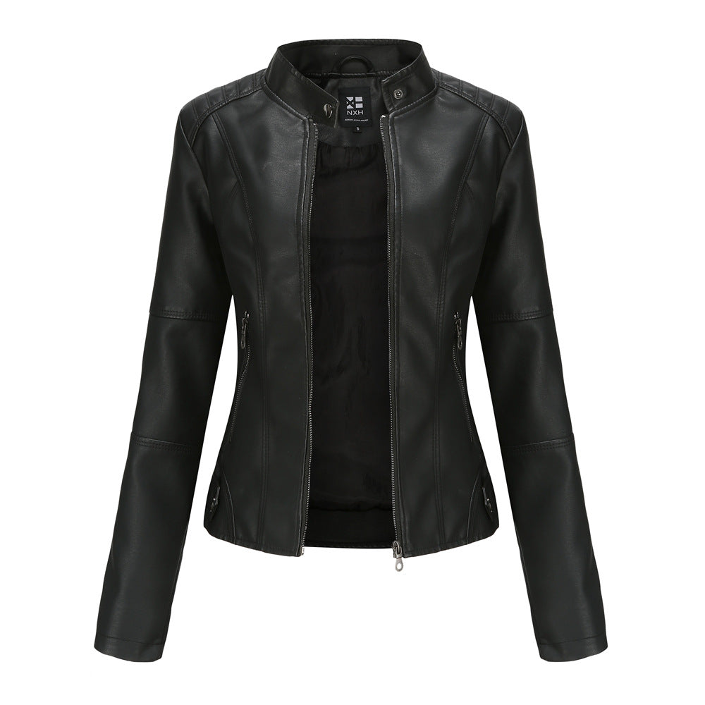 Women’s Stand Collar Zip-Up Leather Jacket | Elegant Solid Color Moto Jacket | Chic Slim-Fit Faux Leather Outwear with Pockets | Modern Minimalist Biker Jacket for Women | 2026 Trendy Streetwear Jacket