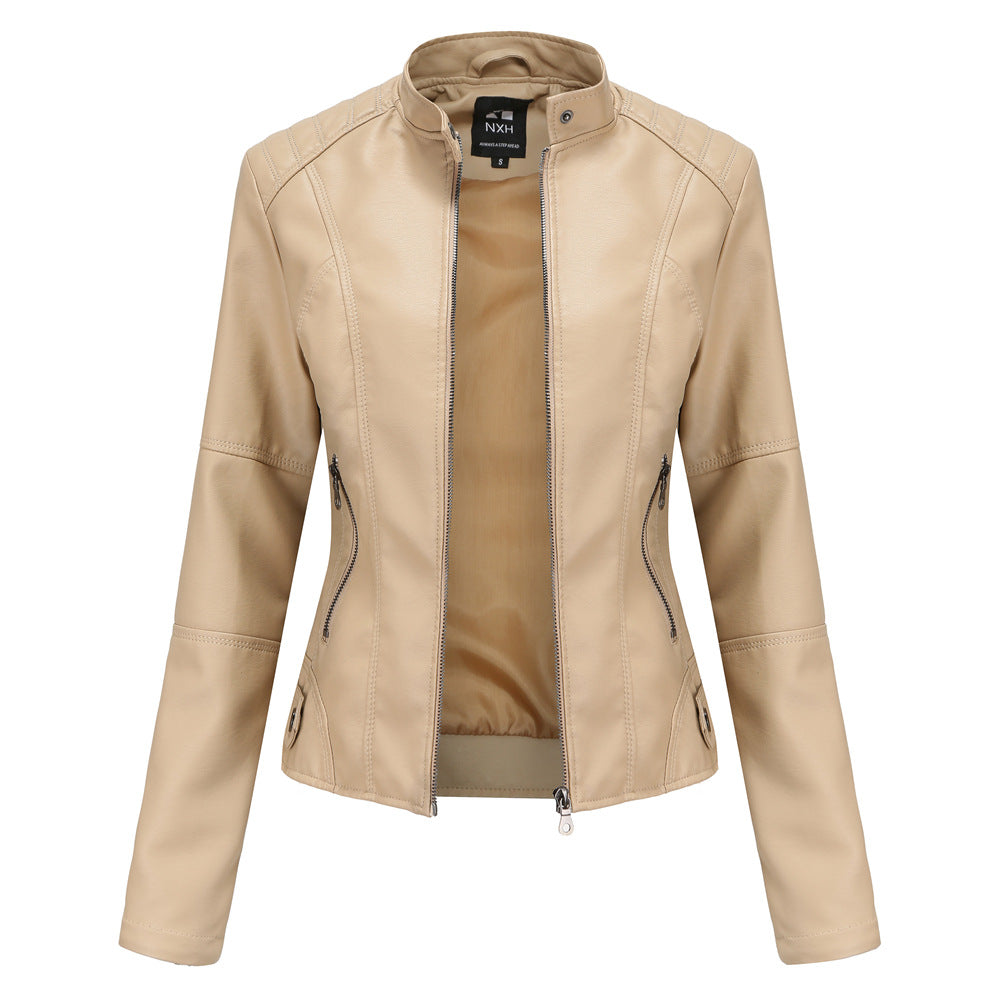 Women’s Stand Collar Zip-Up Leather Jacket | Elegant Solid Color Moto Jacket | Chic Slim-Fit Faux Leather Outwear with Pockets | Modern Minimalist Biker Jacket for Women | 2026 Trendy Streetwear Jacket