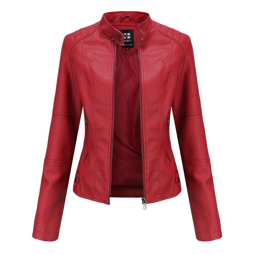 Women’s Stand Collar Zip-Up Leather Jacket | Elegant Solid Color Moto Jacket | Chic Slim-Fit Faux Leather Outwear with Pockets | Modern Minimalist Biker Jacket for Women | 2026 Trendy Streetwear Jacket