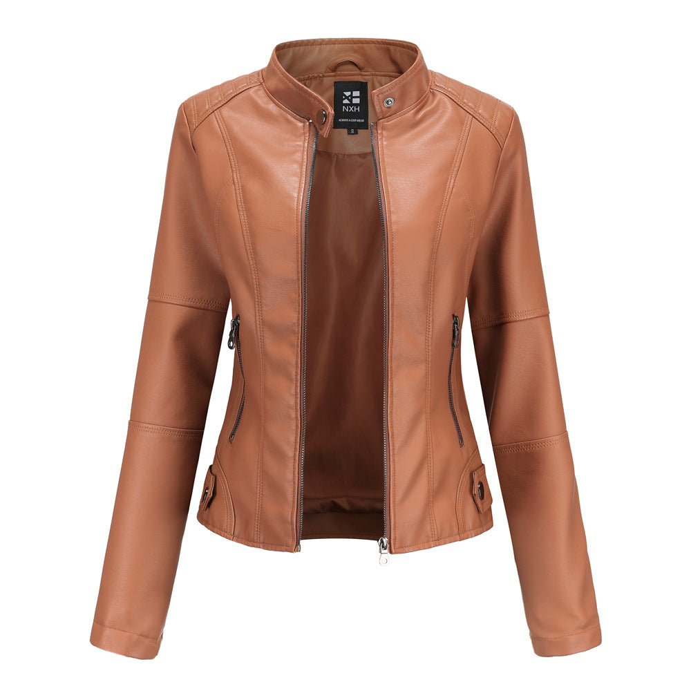 Women’s Stand Collar Zip-Up Leather Jacket | Elegant Solid Color Moto Jacket | Chic Slim-Fit Faux Leather Outwear with Pockets | Modern Minimalist Biker Jacket for Women | 2026 Trendy Streetwear Jacket