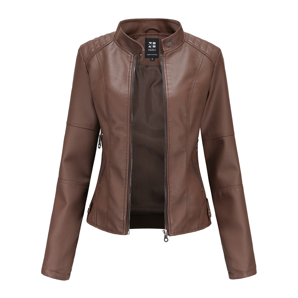 Women’s Stand Collar Zip-Up Leather Jacket | Elegant Solid Color Moto Jacket | Chic Slim-Fit Faux Leather Outwear with Pockets | Modern Minimalist Biker Jacket for Women | 2026 Trendy Streetwear Jacket