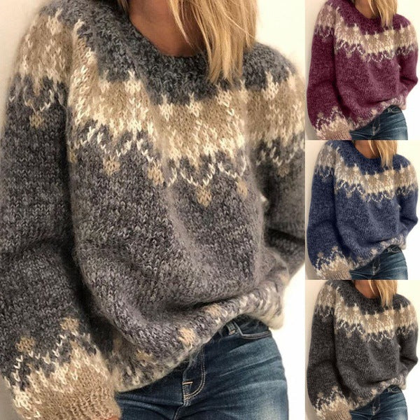 Women’s Ethnic Style Jacquard Pullover Sweater | Autumn & Winter Fashion Geometric Knitted Top | Loose Fit Casual Boho Sweater | Premium Thick Wool Warm Pullover