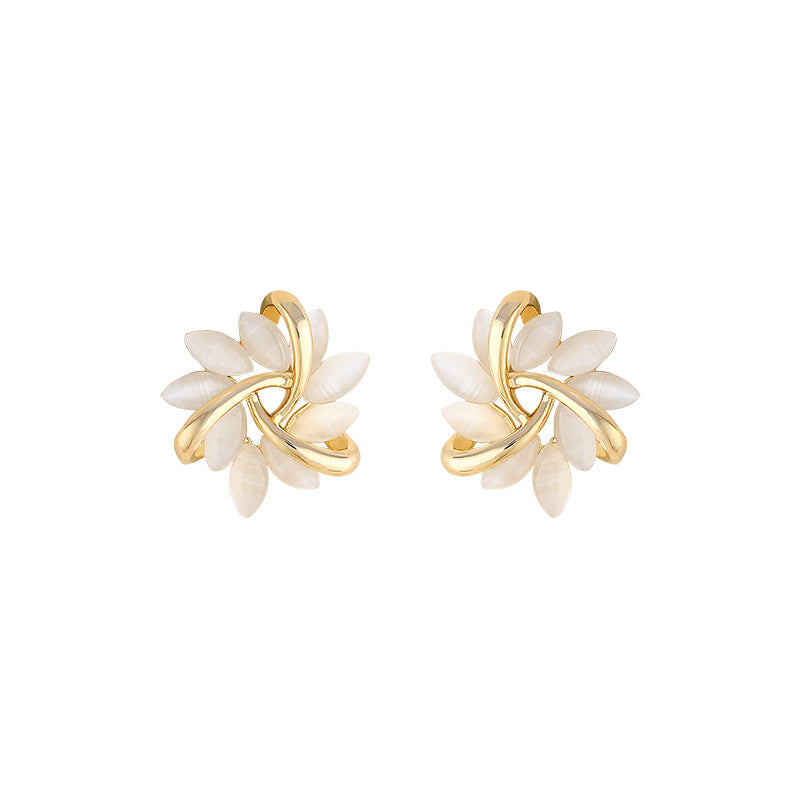 Luxury Cat’s Eye Flower Earrings | High-Sense Opal Geometric Studs | Square & Triangle Iridescent Jewelry | Elegant Floral Opal Earrings for Women