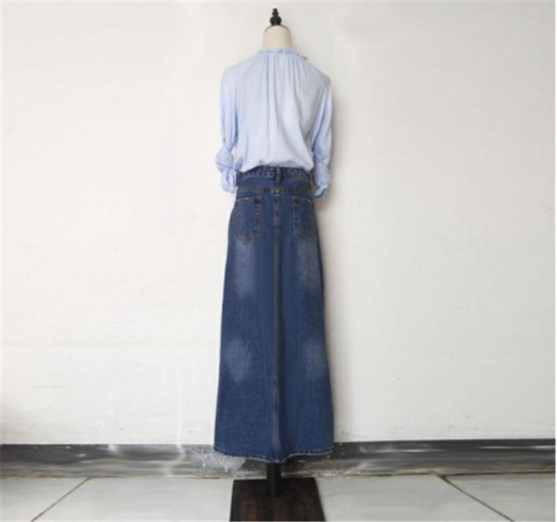 Women’s Frayed Hem Denim Long Skirt | Distressed Raw-Edge Maxi Denim Skirt | Elegant High-Waist Straight Cut Jeans Skirt | Trendy Street Style Long Denim Skirt | 2026 Vintage-Inspired Distressed Skirts for Ladies