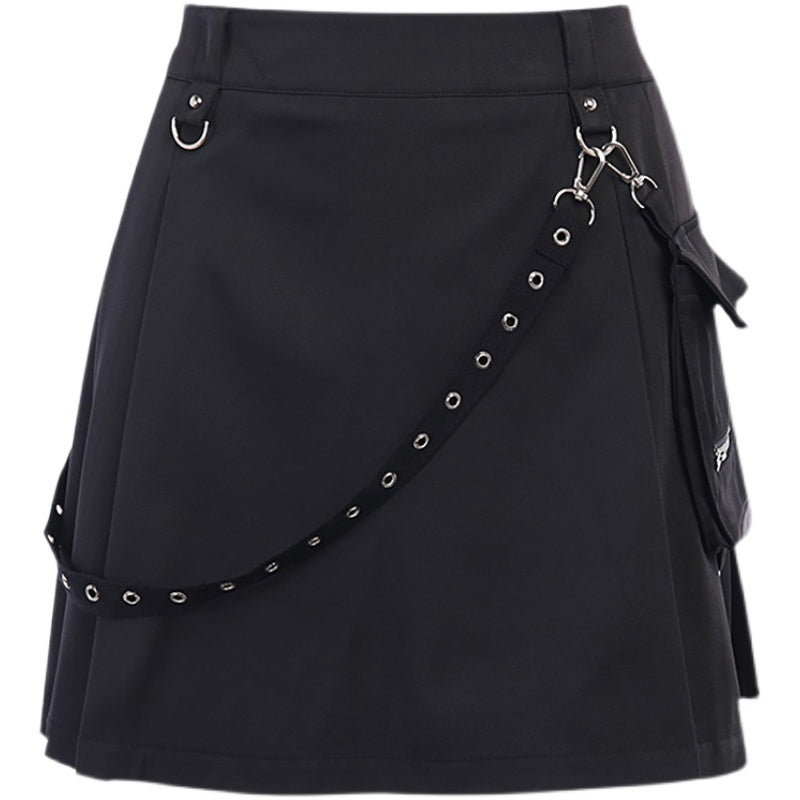 InstaHot Black Gothic High-Waist Pleated Skirt | Women’s Punk Cargo Streetwear Skirt with Pockets | Edgy Strap & Zipper Dark Aesthetic Mini Skirt | Techwear Casual Skirt