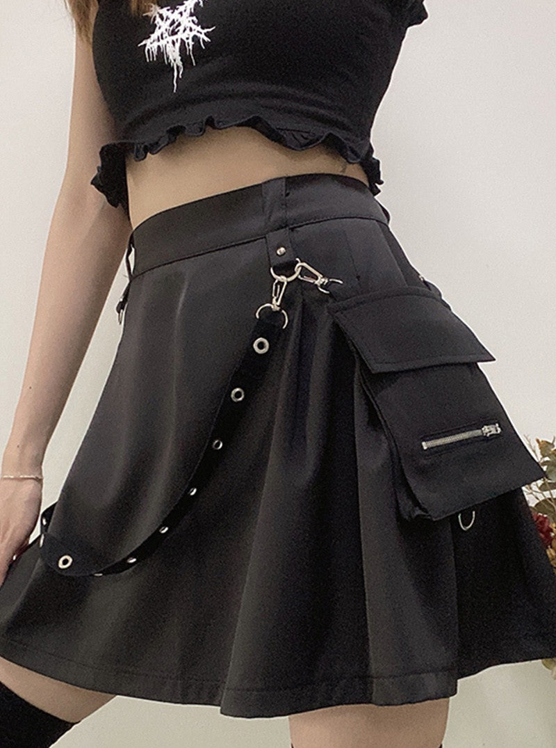 InstaHot Black Gothic High-Waist Pleated Skirt | Women’s Punk Cargo Streetwear Skirt with Pockets | Edgy Strap & Zipper Dark Aesthetic Mini Skirt | Techwear Casual Skirt