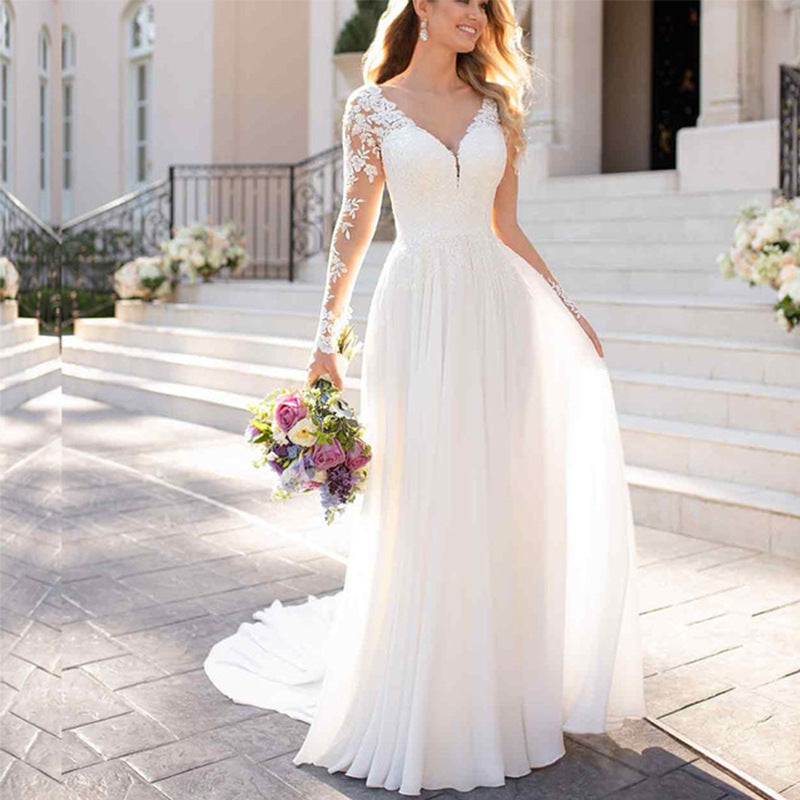 Women’s Backless Deep V-Neck Wedding Dress | High-Sense Ivory White Evening Gown | Trendy Minimalist Bridal Silhouette Dress | Luxury-Label Statuesque Formal Wear | 2026 High-Fashion Radiant Bridal Essential