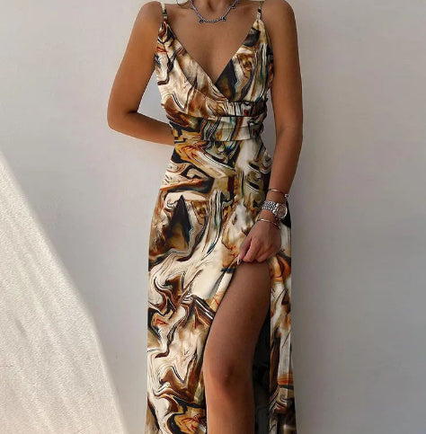 Women’s V-Neck Slit Sling Dress |Slim Suspender Summer Dress | Elegant Backless Side-Slit Maxi Dress | Trendy Minimalist Spaghetti Strap Sun Dress | 2026 High-Fashion Vacation & Party Wear
