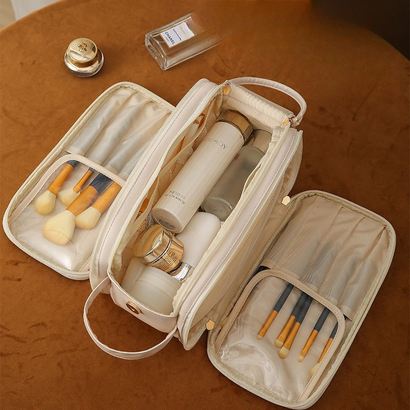 Three-Layer Double Zipper U-Shaped Cosmetic Bag | High-Capacity PU Leather Makeup Organizer | Portable Skincare Storage Bag for Women | Luxury Travel Toiletry Kit Pouch | 2026 High-Fashion Waterproof Vanity Box