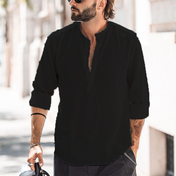 Men’s Casual Stand-Up Collar Long-Sleeved Shirt | High-Sense Solid Color Door-Barrel Blouse | Trendy Minimalist Mandarin Collar Top | Luxury-Label Statuesque Radiant Executive Wear | 2026 High-Fashion Emerald-Luxe Essential