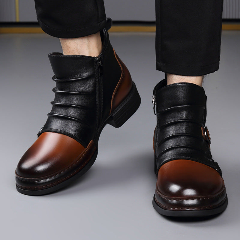Men’s British Style Retro Thermal Boots | Fleece-Lined Winter Leather Boots with Side Zipper | Vintage Mid-Top Warm Walking Boots | Men's Elegant Waterproof Winter Footwear