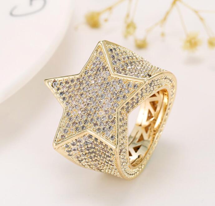 Men’s Hip-Hop Iced-Out Five-Pointed Star Ring | Full Diamond Simulant Star Statement Ring | Bold Streetwear Jewelry for Men | Luxurious Rockstar Star Band Ring