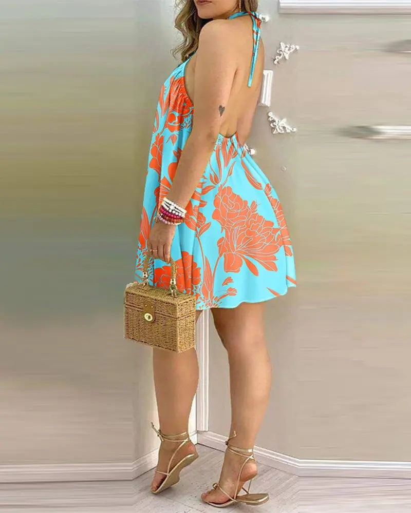 Women’s Off-Shoulder Hanging Neck Printed Dress | High-Sense Sleeveless Summer Midi | Trendy Minimalist Backless Dress | Luxury-Label Flowing Artistic Sundress | 2026 High-Fashion Statuesque Tropical Wear