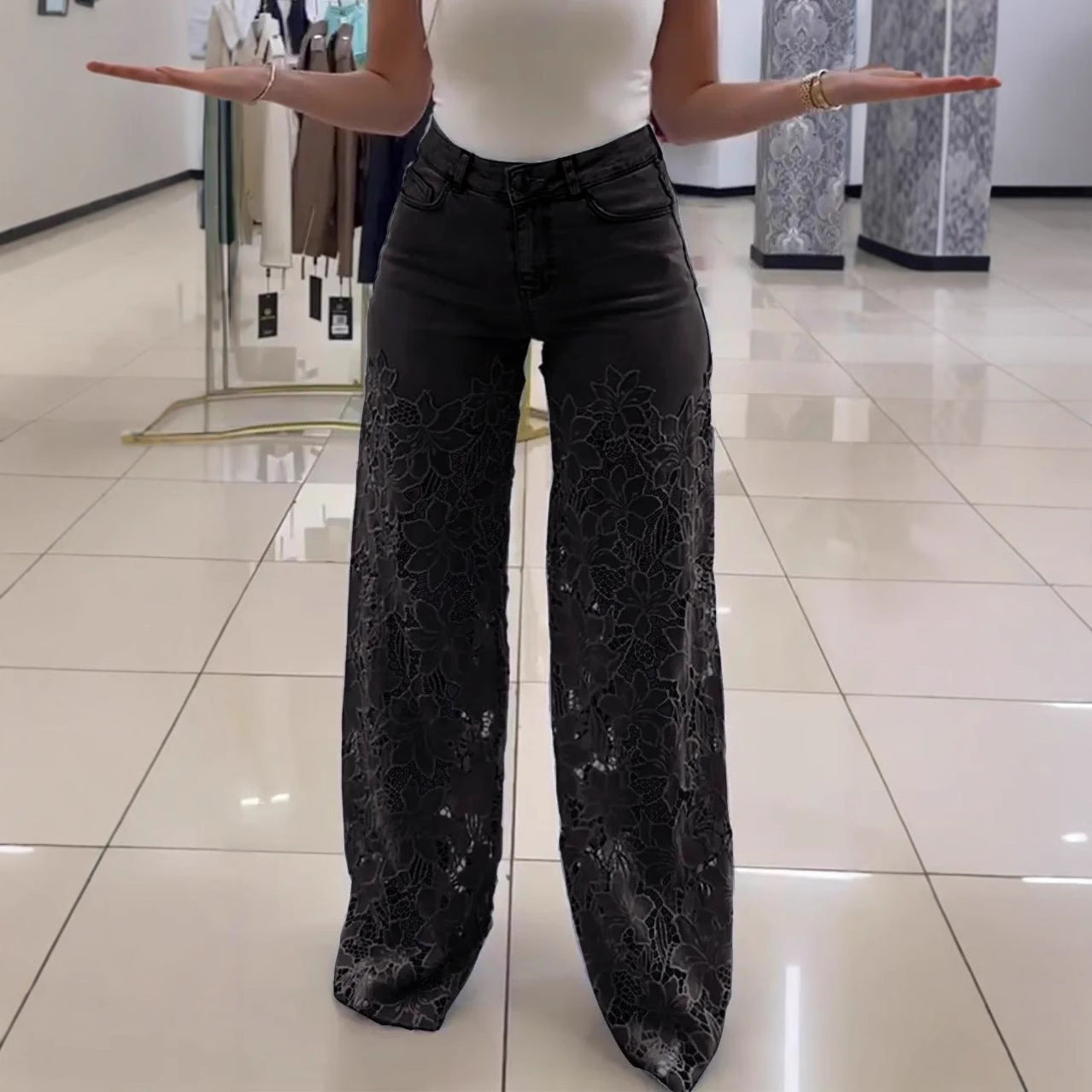 Women’s Y2K Lace Flower Hollow Jeans | High-Waist Straight Wide Leg Pants | Trendy Floral Cut-Out Denim Trousers | Retro Streetwear Wide Leg Jeans for Women | 2026 Fashion Trousers