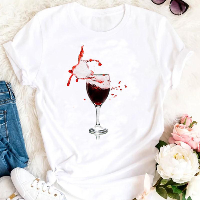 Women’s Artistic Wine Glass Print Casual Tee | Minimalist Graphic Short Sleeve T-Shirt | Trendy Cotton-Blend Summer Top | Fun & Stylish "Happy Hour" Tee for Women | 2026 Casual Chic Streetwear