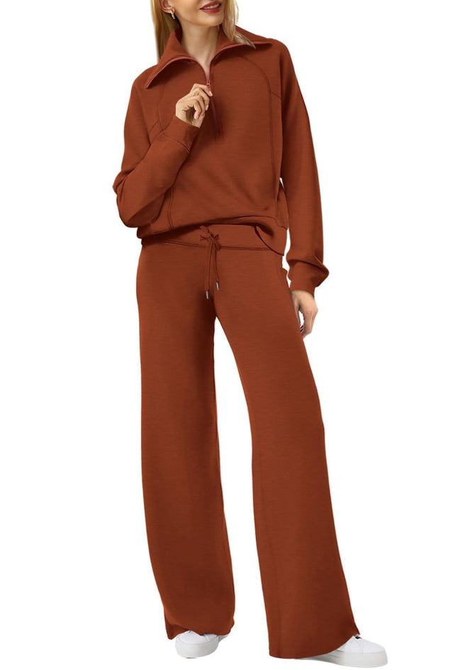Women’s Half-Zip Sweatshirt & Wide-Leg Pants Set | Casual Solid Color Two-Piece Outfit | Elegant Long Sleeve Sporty Lounge Suit | Trendy High-Waist Wide-Leg Tracksuit | 2026 High-Fashion Athleisure Co-ord Set