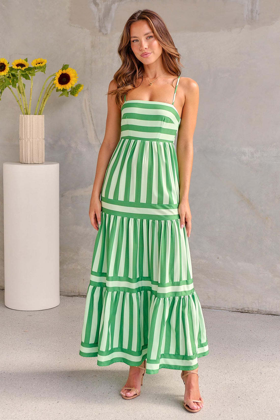 Summer Striped Suspender Maxi Dress | High-Sense Backless Beach Vacation Gown | Trendy Minimalist Square Neck Dress with Pockets | Luxury-Label Statuesque Radiant Apparel | 2026 High-Fashion Emerald-Luxe Essential