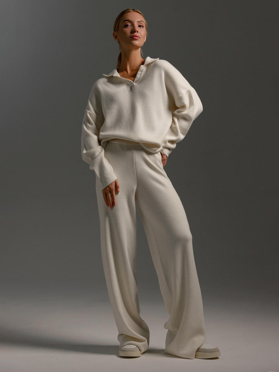 Women’s Collared Sweatshirt & Straight-Leg Pants Suit | Elegant 2-Piece Pullover Lounge Set | Casual Long-Sleeve Sport Trousers Set | Modern Minimalist Co-ord Set for Women | 2026 Trendy Streetwear Tracksuit